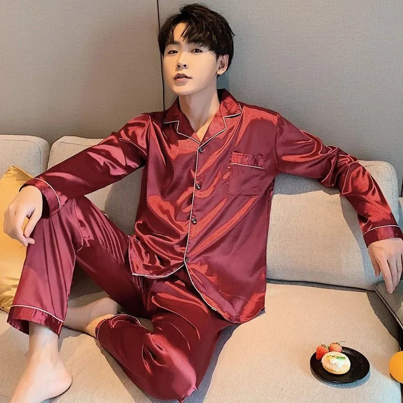 High Quality Men's Casual Pajama Sets Fashion Satin Long Sleeve Lapel Tops and Pants Homewaer Suit Men Comfort Lounge Sleepwear