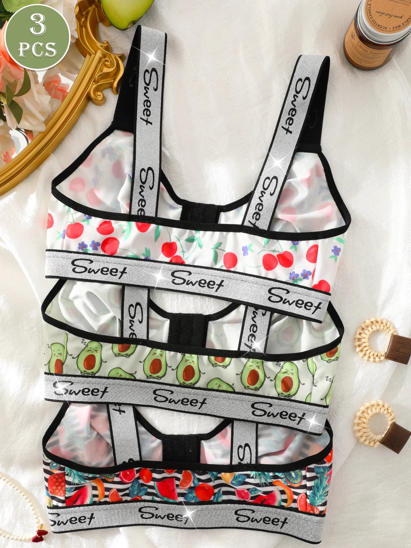 3 Pack Women's Wireless Bra, Mixed Fruit Print Front Closure Shiny Trim Comfort Bralette