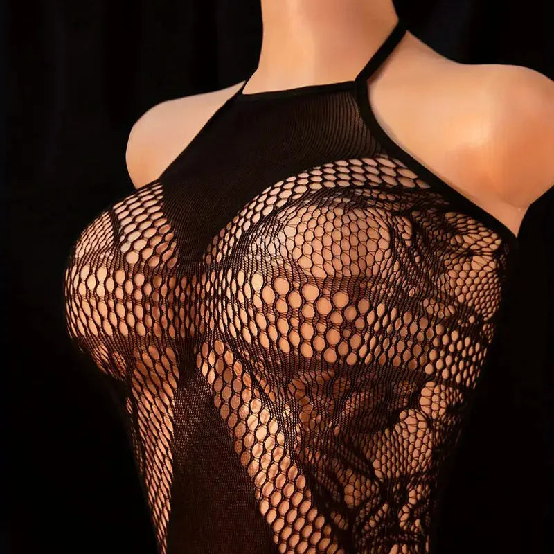 Lace Bra One-Piece Set Crotchless Lingerie Women's Curve Jumpsuit Hot Open Bras Body Stockings Halter Neck See-through Underwear