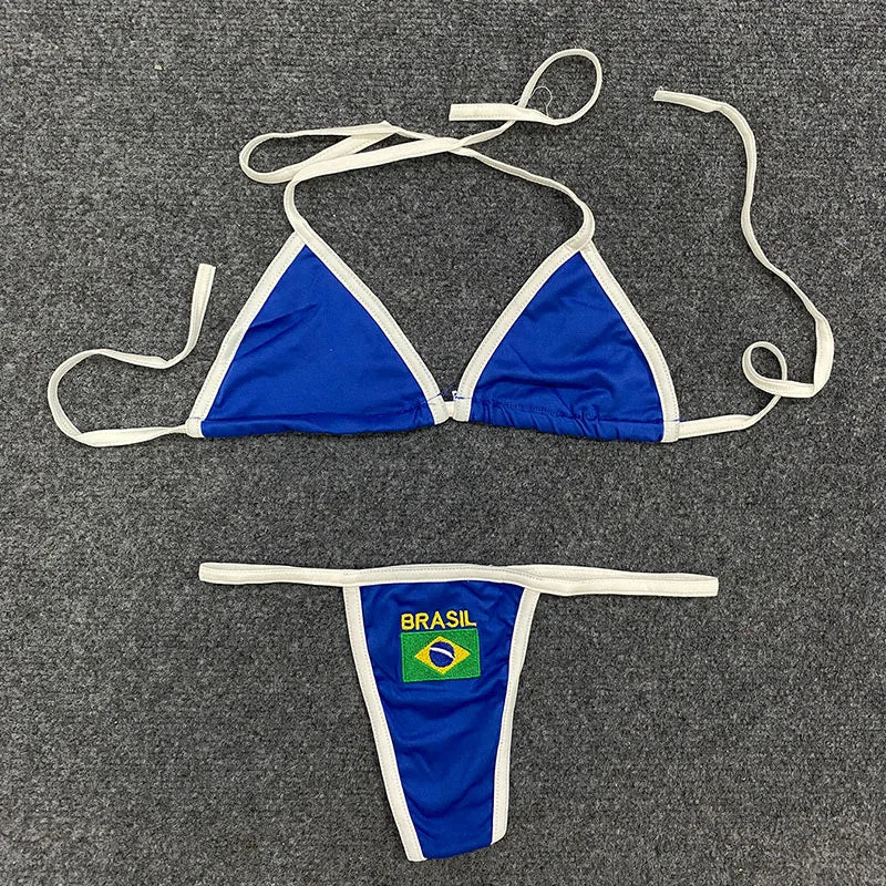 Women Clothing Summer Sexy Fashion Neck Lace Up Letter Embroidery Bikini Tops Sports Seaside Low Waist Thong Underwear Bra Set