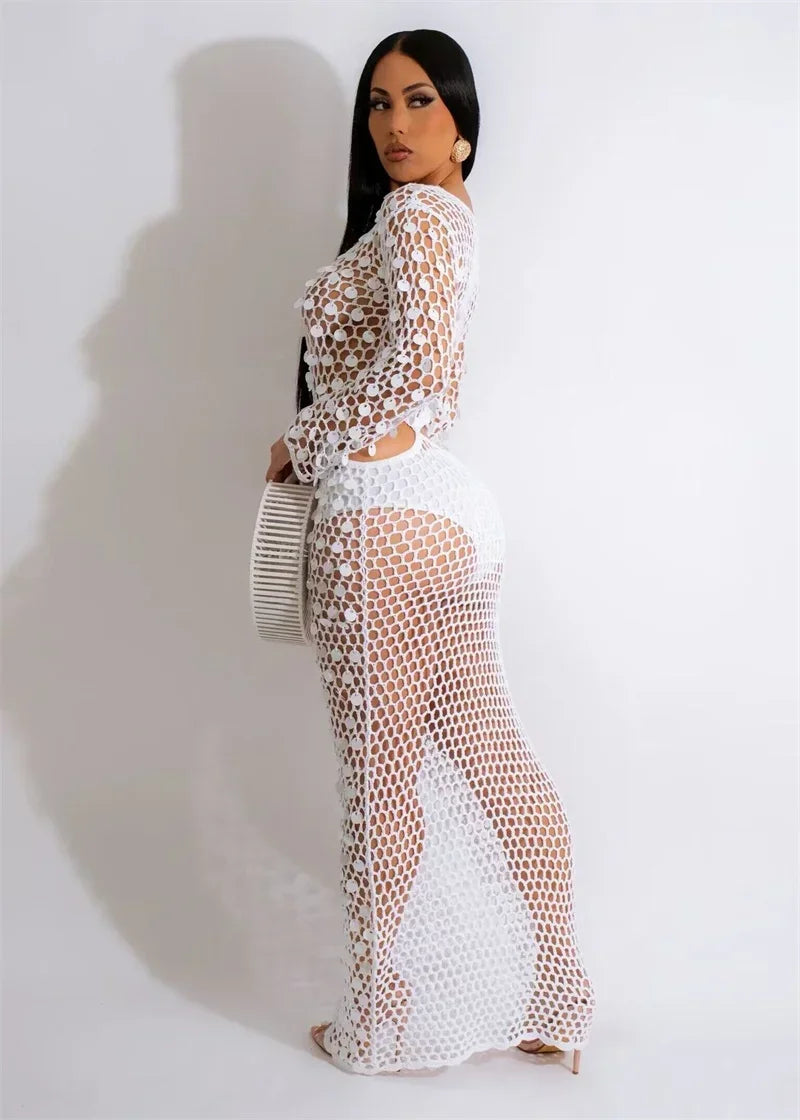Sexy Party Dresses Sequined Crochet Knitted Beach Dress for Women Summer See-through Cover Up Bodycon Maxi Dress Vacation Club