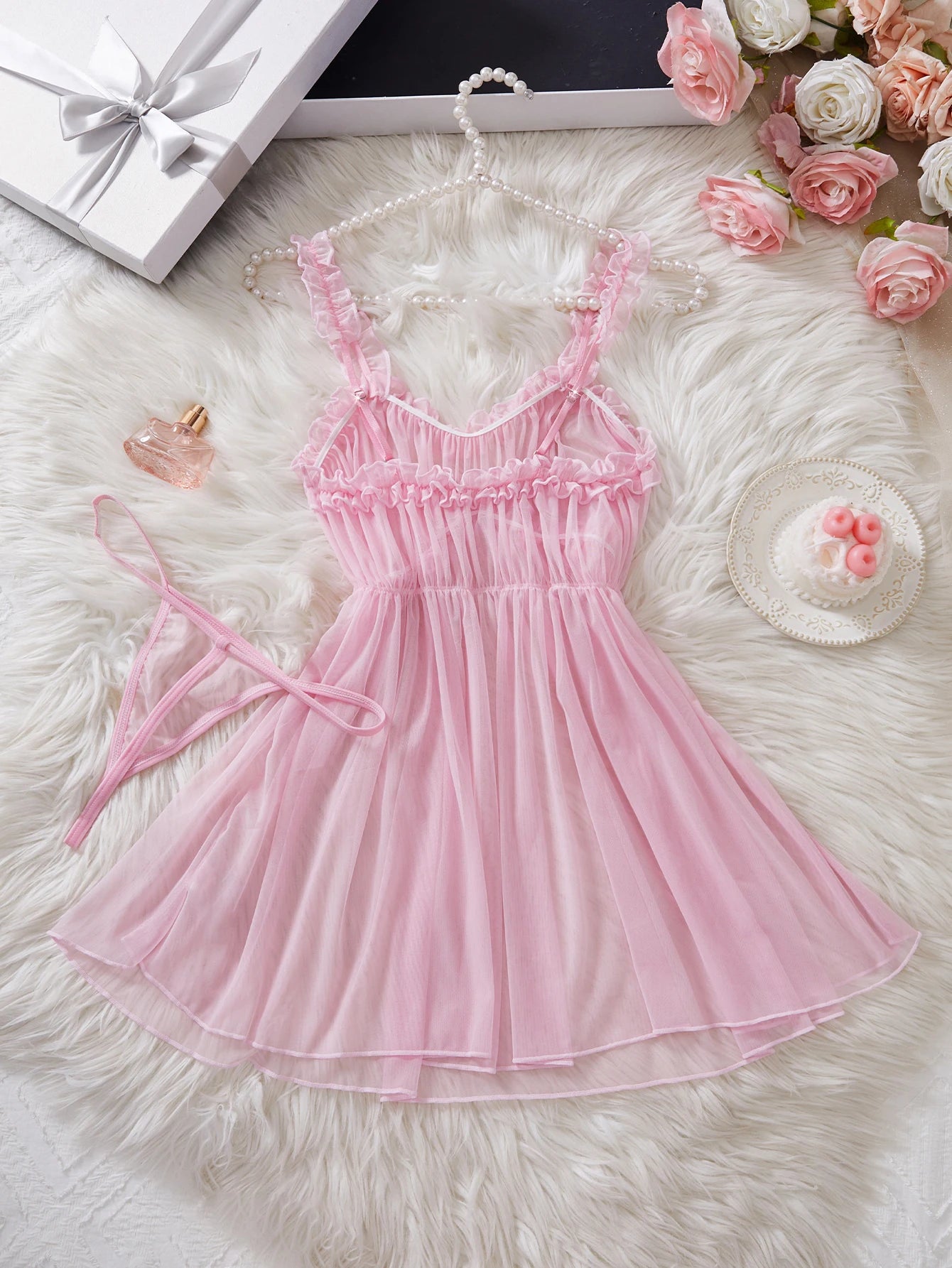 Sexy Babydoll Dress Women Lingerie See-through Sling Wedding Nightdress And T-back Set Elegant Cute Sleepwear For Date Surprise