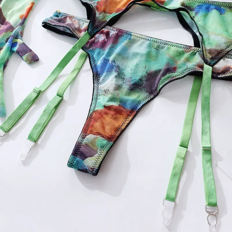 5 Pieces Lingerie Set Women Nightwear tie-dye Printed Halloween Underwear Bras Panties Golves Stocking Erotic Laungerie Set