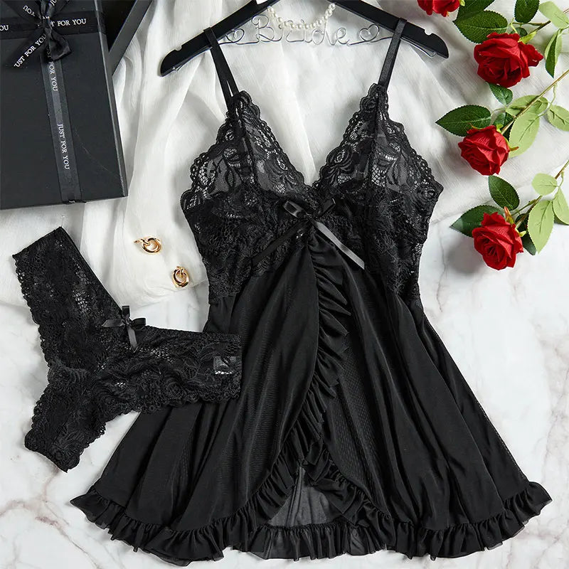 Women's Sexy Lingerie Dress Thin Style G-string Contrast Lace Ruffle Trim Lingerie Set Deep V Slip Thong Lencería Mujeres