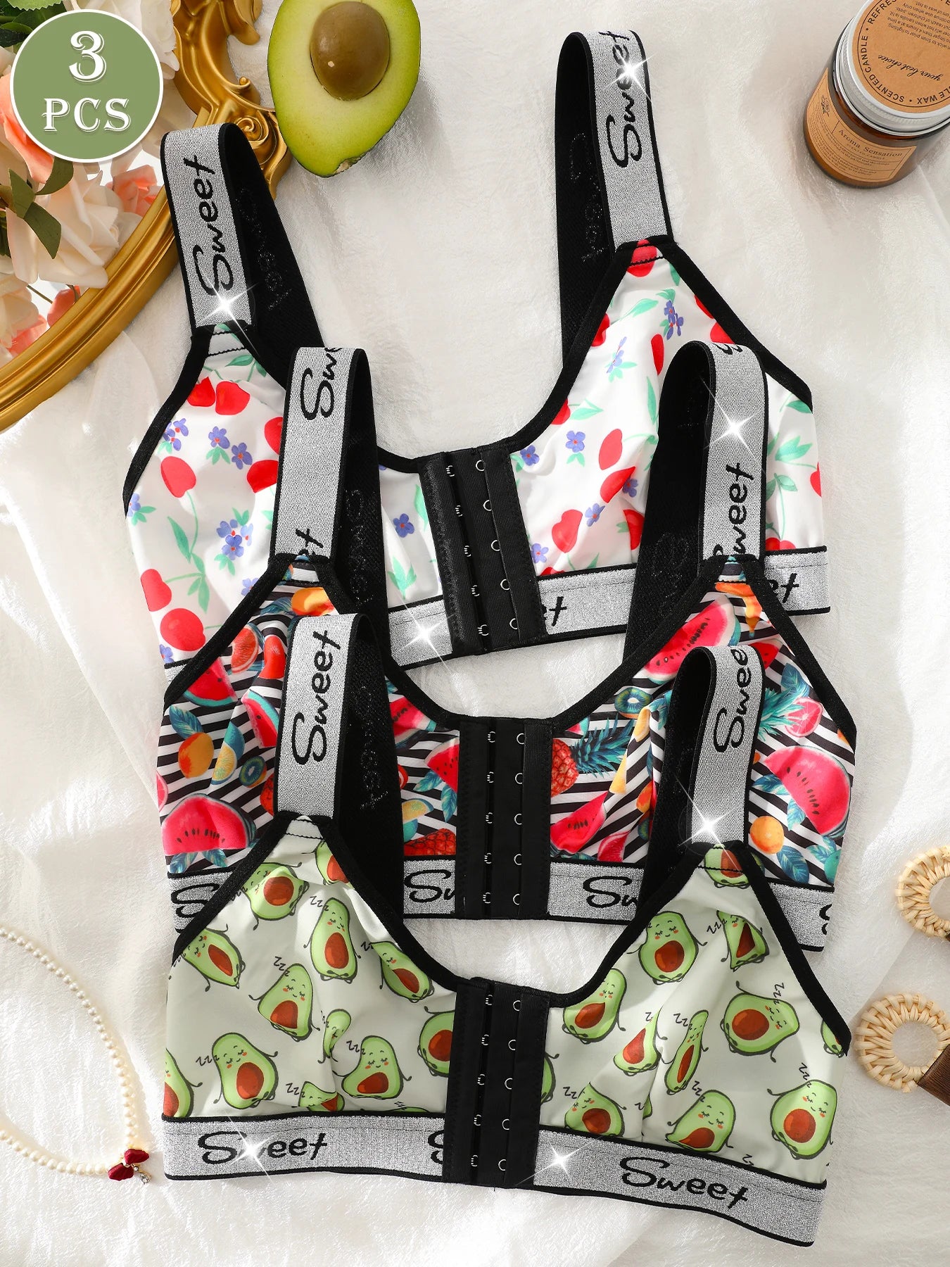 3 Pack Women's Wireless Bra, Mixed Fruit Print Front Closure Shiny Trim Comfort Bralette