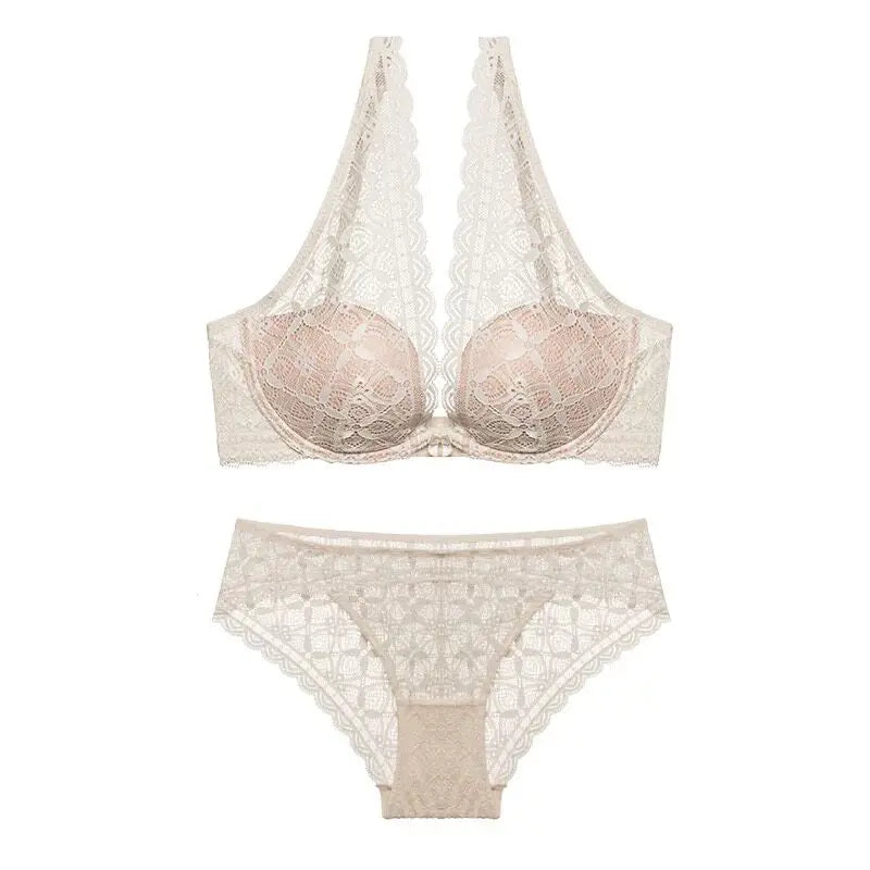 Sexy Lace Lingerie Set Deep V Plunge Bra Wireless Comfort Bralette Matching Bra Panty Set Women