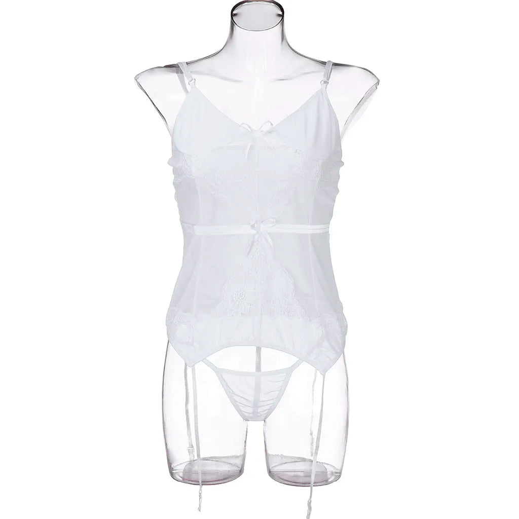 Women Lingerie Set White Bustier Corset Sexy Girdle Waist Cincher With Thong Sexy Perspective White Erotic Underwear Baby Doll