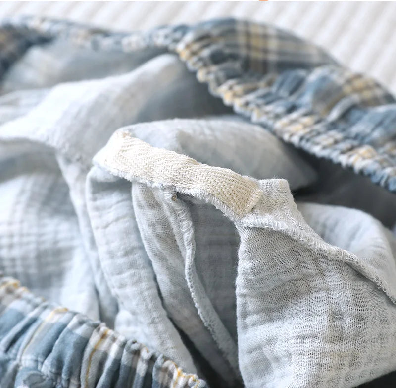 Men's 2-Piece Pajama Set - Japanese Plaid Sleepwear, Cotton Gauze Short Sleeve & Shorts, Lightweight & Breathable Relaxed Fit, S