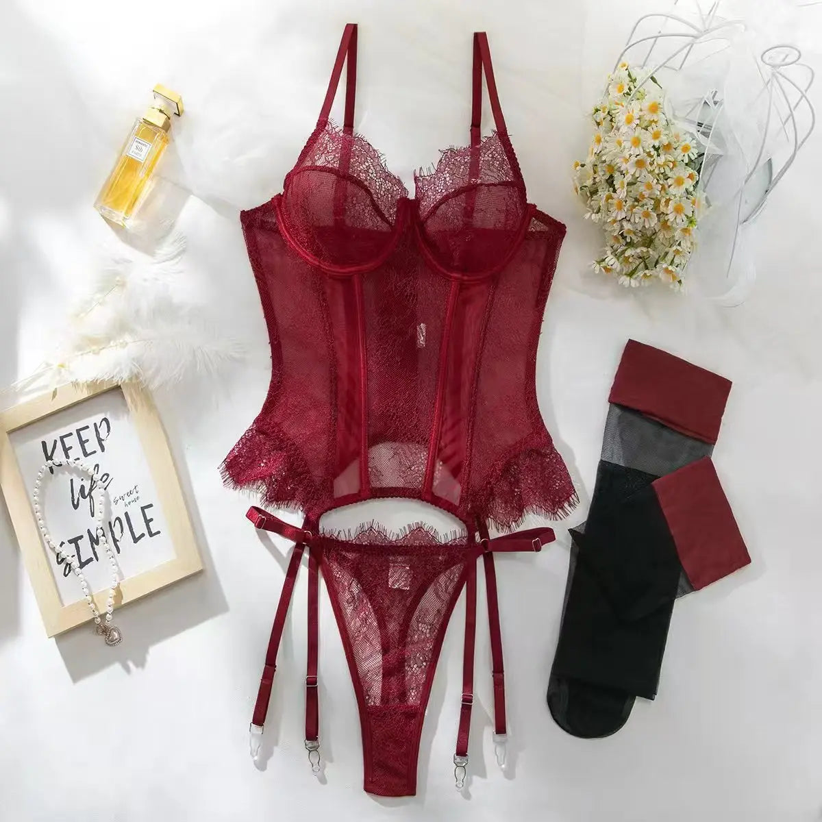 Sexy Lace Corset Lingerie Set for Women Push Up Bustier Bodysuit Boned Waist Cincher Garter Belt Stockings Erotic Underwear Set