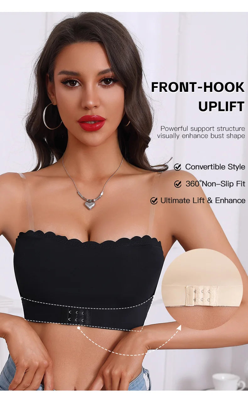 Women's Strapless Front Closure Bra Wireless Bandeau Non-slip Underwear Wavy Edge Chest Wraps Padded Push Up Tube Top Bralette