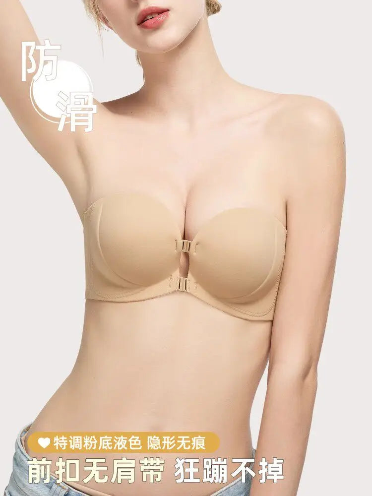 Strapless Bra  Sexy Front Fastening Non-Slip Invisible Backless Push-Up Bra Padded Add 2 Cups Lift Bralette for Wedding Party