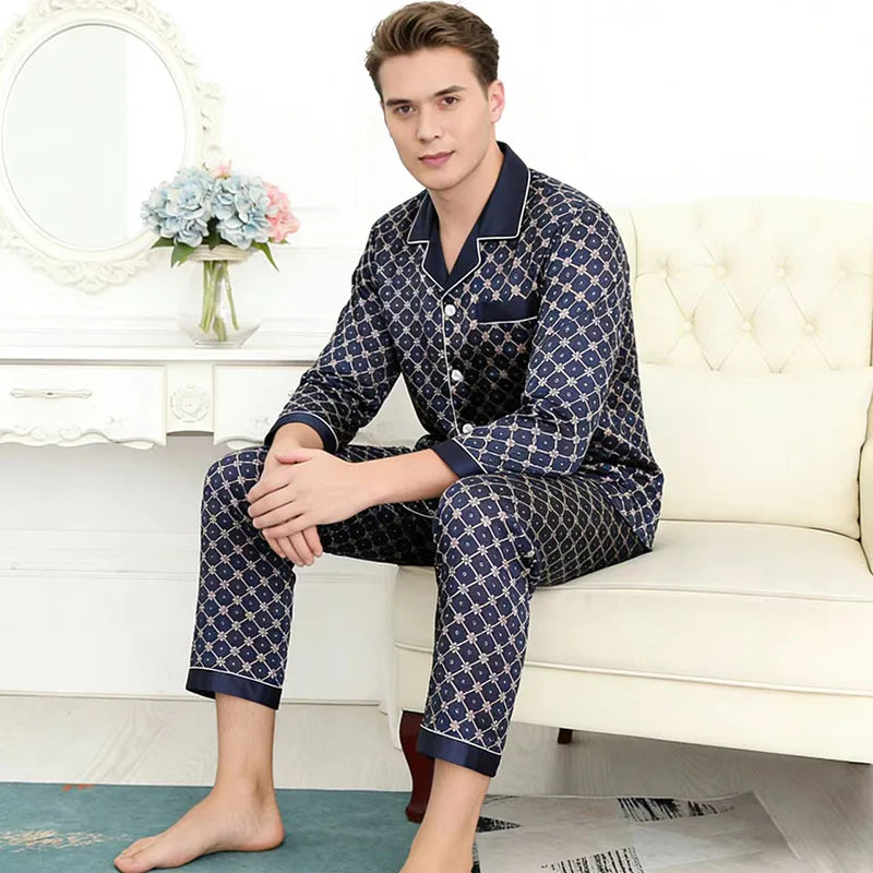 2PCS Men's Geometric Print Pajama Set Loungewear Spring New Thin Polyester Ice Silk Sleepwear Plus Size Homewear Pijamas Suit
