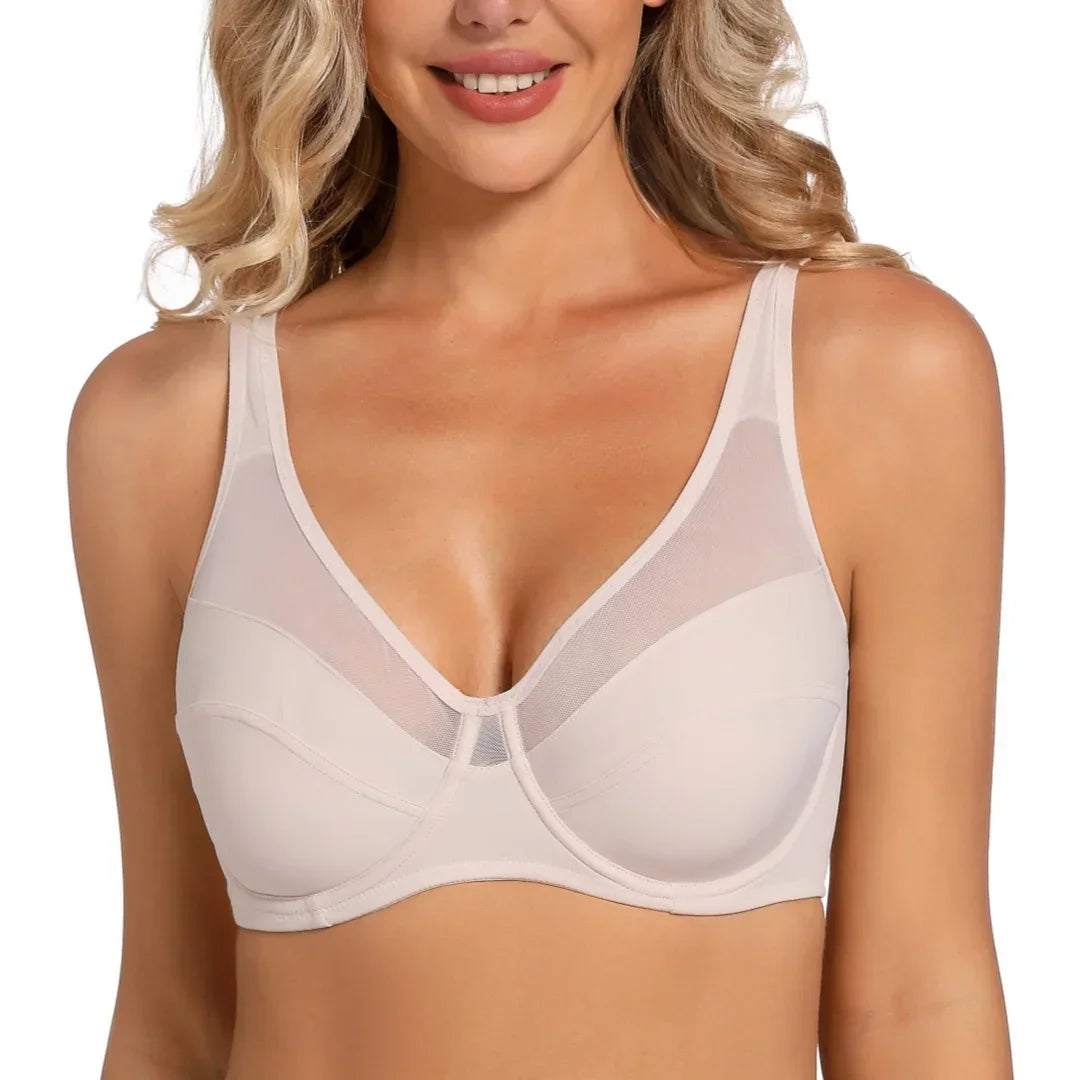 Large Size Women's Full Coverage Minimizer Lace Bra Underwire Non-Padded Soft Everyday Transparent Thin Minimizer Bras CDEFG