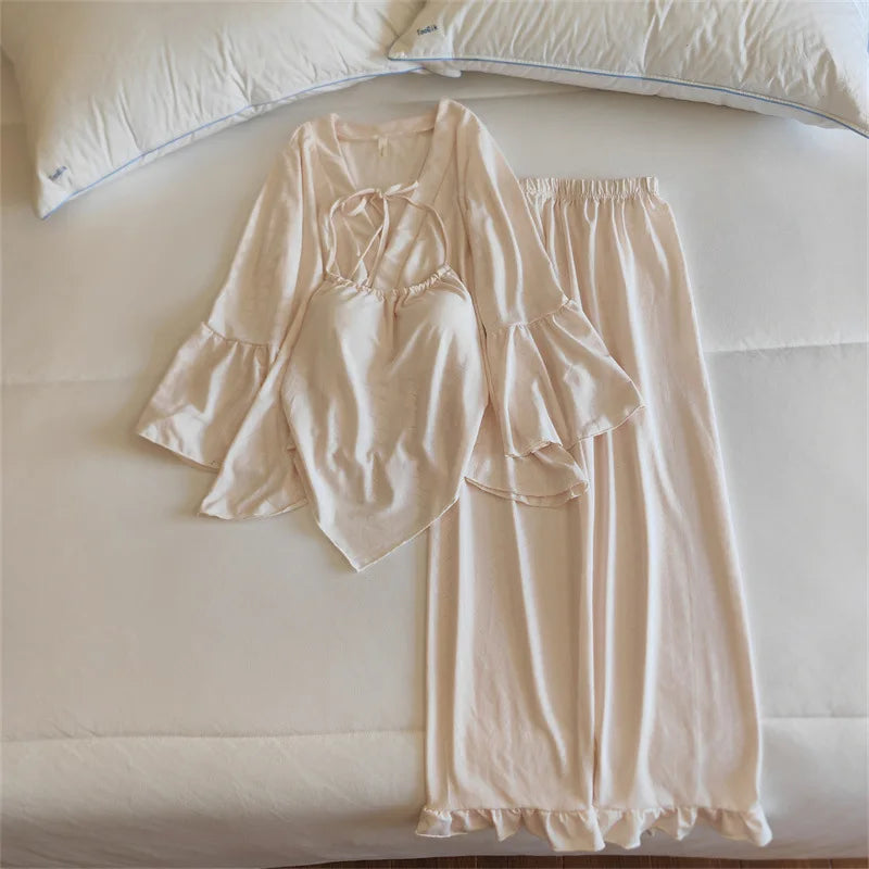 Pajama Set Woman New Chest Pad Sleepwear Ladies Night Wear Clothes Long Sleeve Trousers Suit Cotton Home Pijama De Mujer 3 Pcs