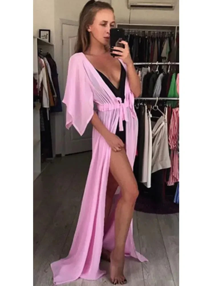 Women See Through Bikini Cover-ups Mesh Short Sleeve Cardigan Beach Dress Summer Sexy Swimwear Cover Ups