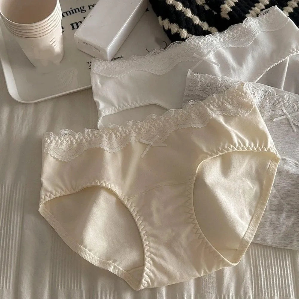 Lingerie Bow Lace Cotton Panties Transparent Seamless Underwear for Women Mid Waist Soft Floral Lace Briefs Spring Summer