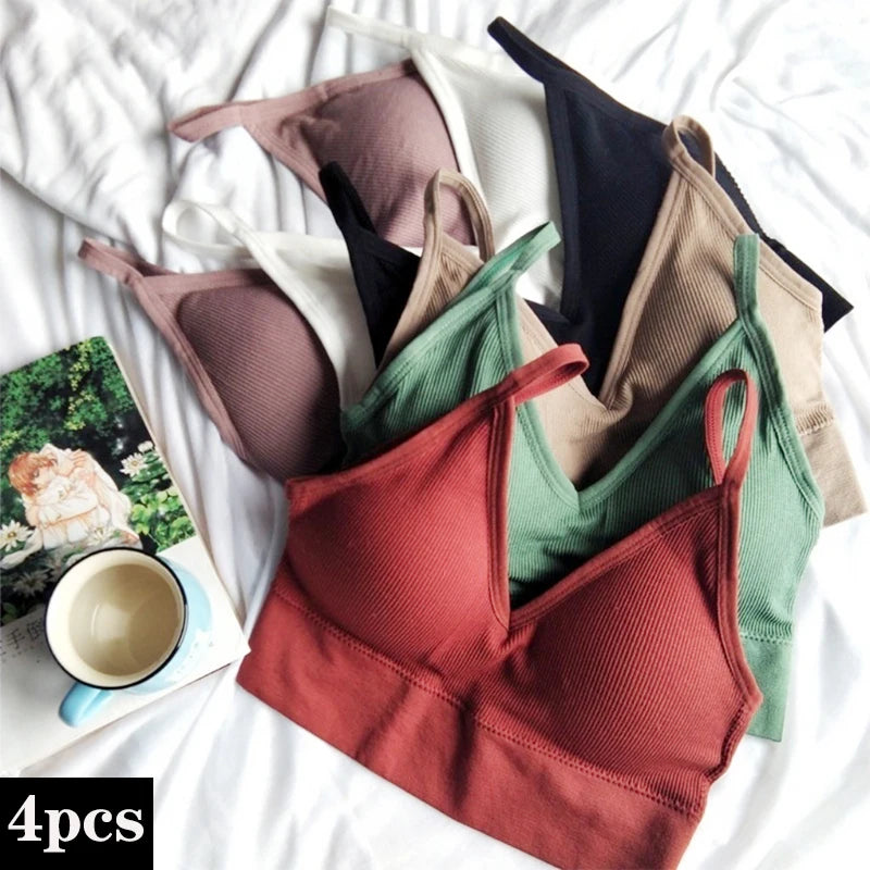 4 Pcs Women's Comfortable Wire-Free Bras Comfortable Seamless Wireless Stretch Sports Bra Yoga Bras with Removable Bra Pads