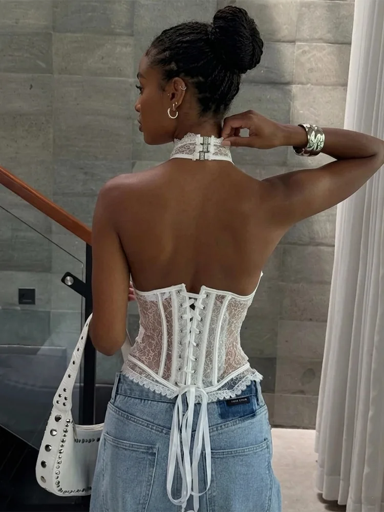 Lace Halter Corset Top For Women Backless See Through Sexy Vest Slim Fishbone Top Summer 2026 Fashion Ins Hot Camis Y2K Crop Top