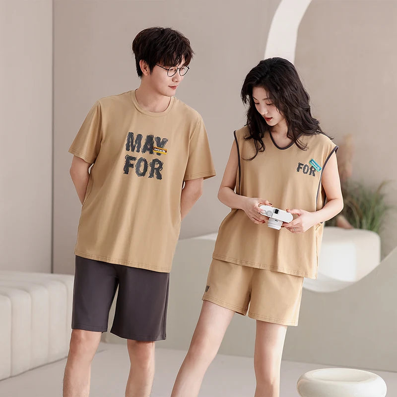 Couple Pajama Set Summer 100% Cotton Pyjamas Men and Women Sleeveless Pijamas