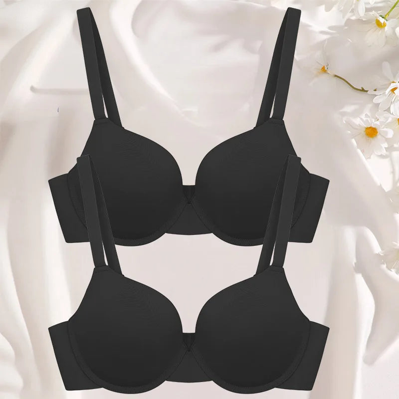 2Pcs/Set Comfortable Adjustable Push Up Bra Shockproof Lingerie Wireless Deep V Bra Anti-sagging Brassiere for Women Summer Bras