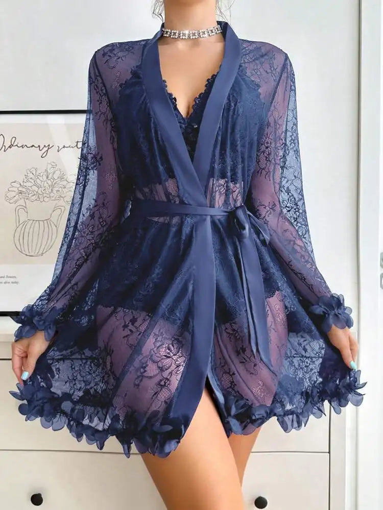 Women Sexy Robe Lingerie Set Lace V-neck Halter Bralette Underwear Suit + Transparent Mesh Bathrobe Nightwear Female Sleepwear