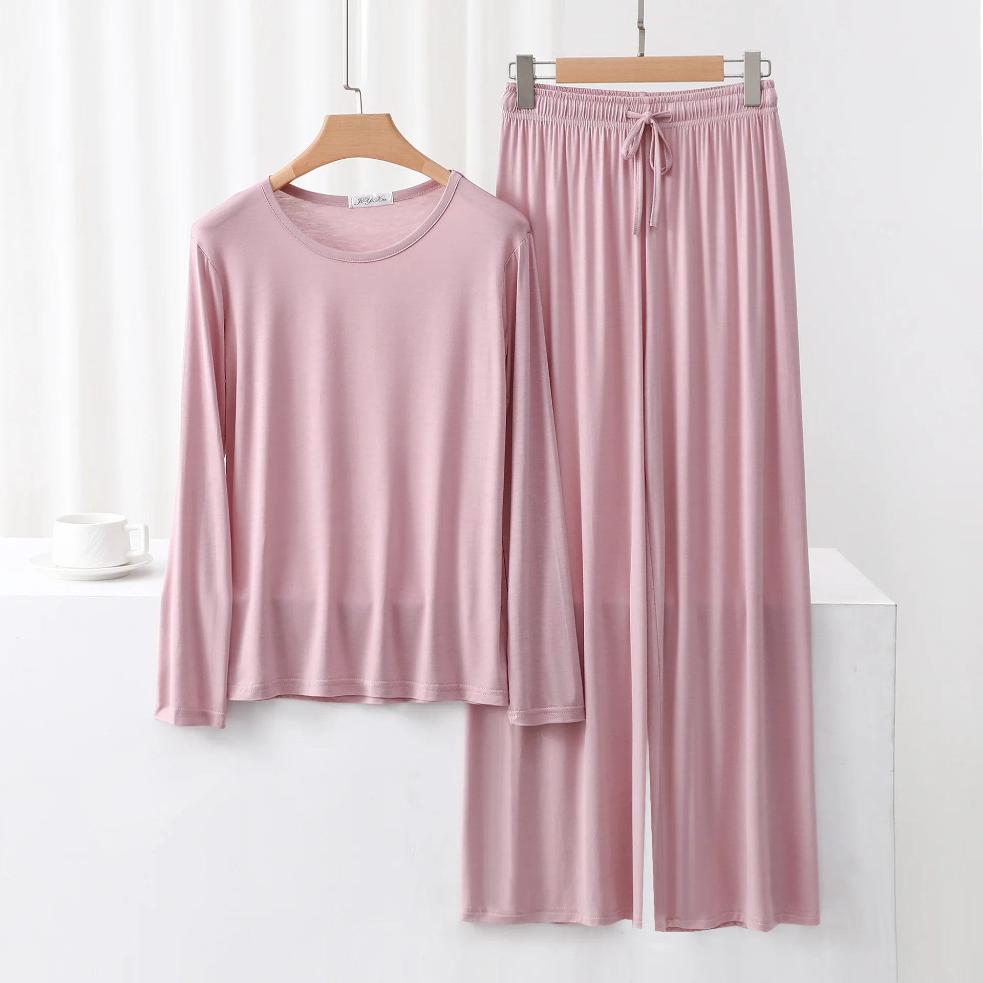Modal Pajama Sets 2 Piece O-Neck Long sleeved Tshirt and Wide Leg Pant Ankle Length Loose sleepwear set Comfort homewear suits