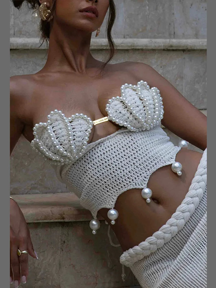Sexy Crochet Hollow Out Pearl Skirt Set Women White Crop Bikini Tops Slim Hip Package Skirts 2026 Spring Lady Beach Outfits New