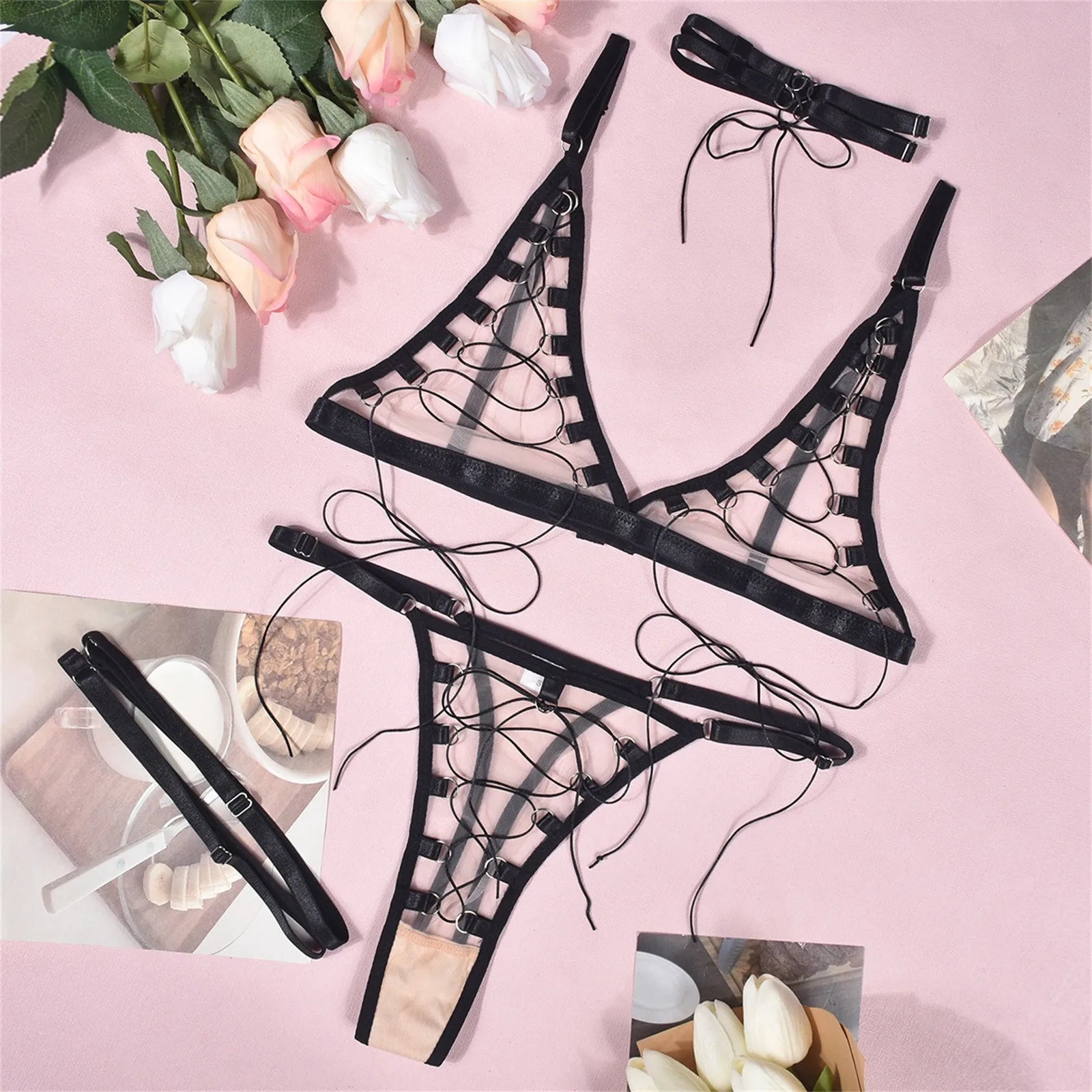 Sexy G-String Sets Flowers Lace Bra Lingerie Thong Steel Ring Sleepwear Underwear Perspective Mesh Fun Lingerie Set