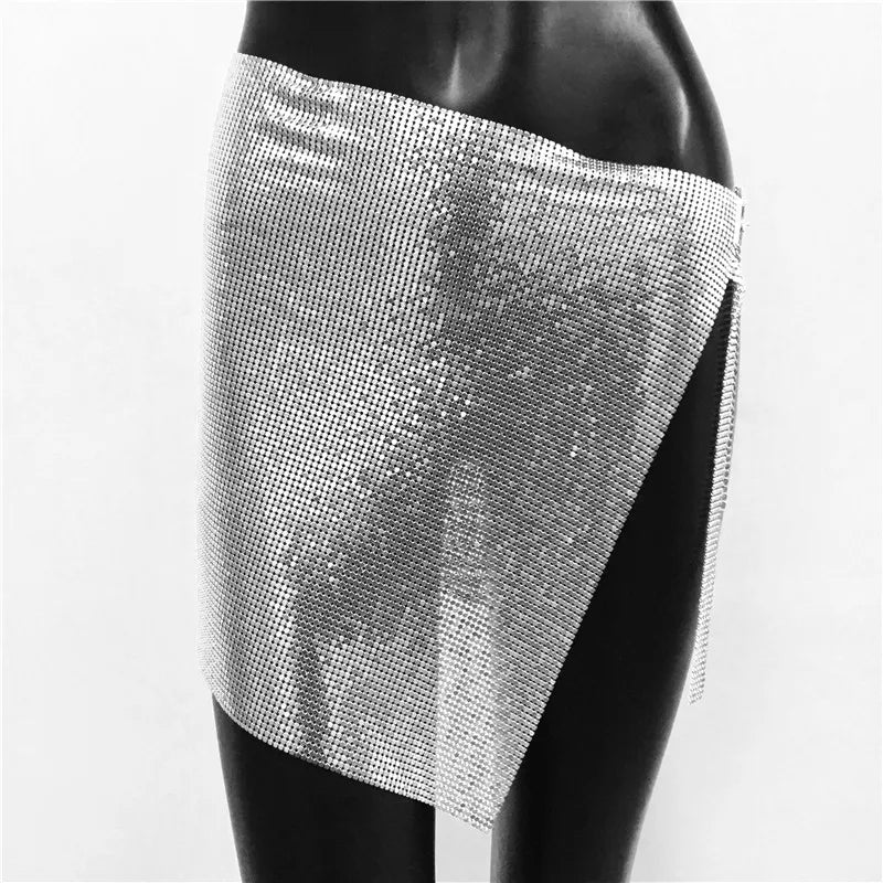 Sexy Metal Sequins 2 Piece Set Women Sleeveless Deep V Neck Backless Halter Tank Tops Split Mini Skirts Beach Party Outfits