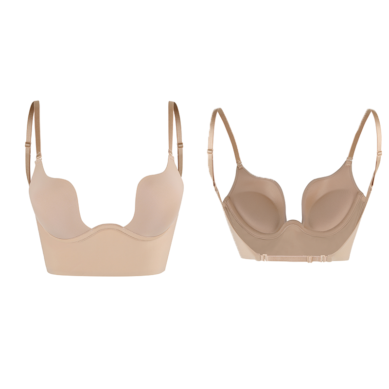 Seam-free Womens Low Cut Plunge Bra Wire Lifting Deep U Shaped Multi-Way Push Up Convertible Plunge Backless Sexy Bra