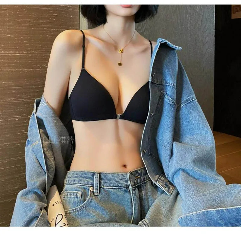 Front Closure Bras for Small Bust Women Deep V Plunge French Triangle Cup Seamless Thin Straps