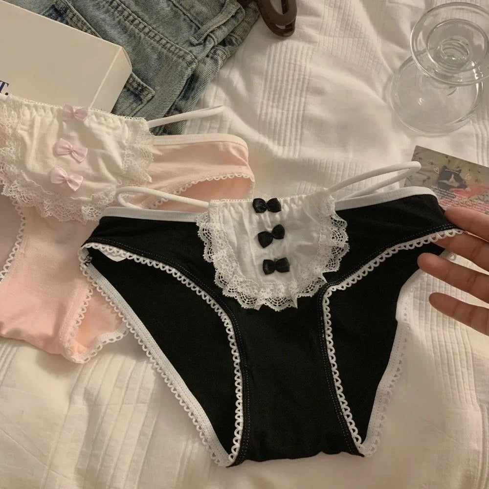 Lingerie Bow Lace Flower Panties Seamless Mid Waist Lace Mesh Briefs Hollow Transparent French Style Briefs Girl