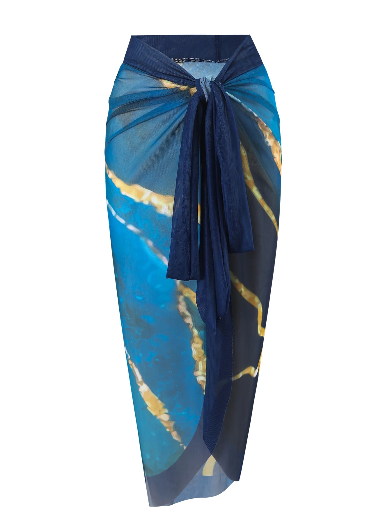 Women's One-Piece Swimsuit with V-Neck and Cross-Tie, Sexy and Elegant, Tummy-Concealing and Slimming, Popular European and American Style, Blue Marble Print Two-Piece Set with Mesh Overlay, Tie-Up, and Draped Skirt