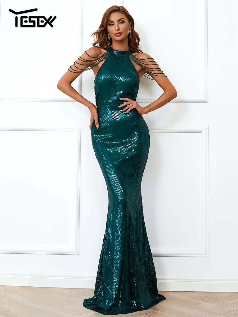 Yesexy New Robe Summer Dress Women Party Sexy Halter Sequin Beaded Maxi Elegant Evening Vestidos Bodycon Long Dresses