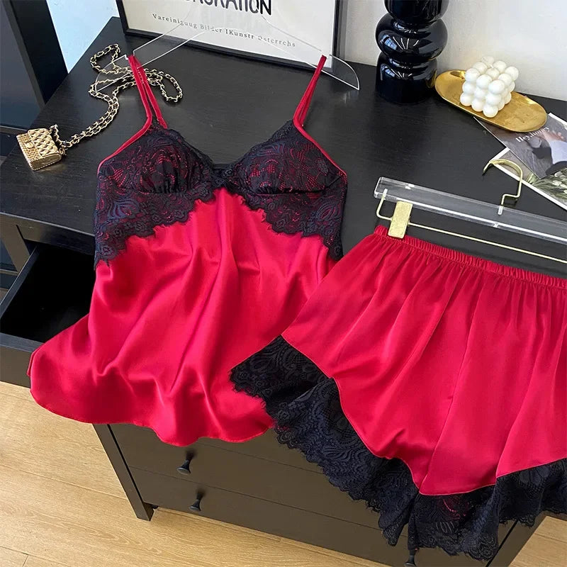 Sexy Intimate Lingerie Pajamas Set Hollow Out Lace Cami Shorts Pijamas Suit Spring Summer New Sleepwear Home Clothes Loungewear