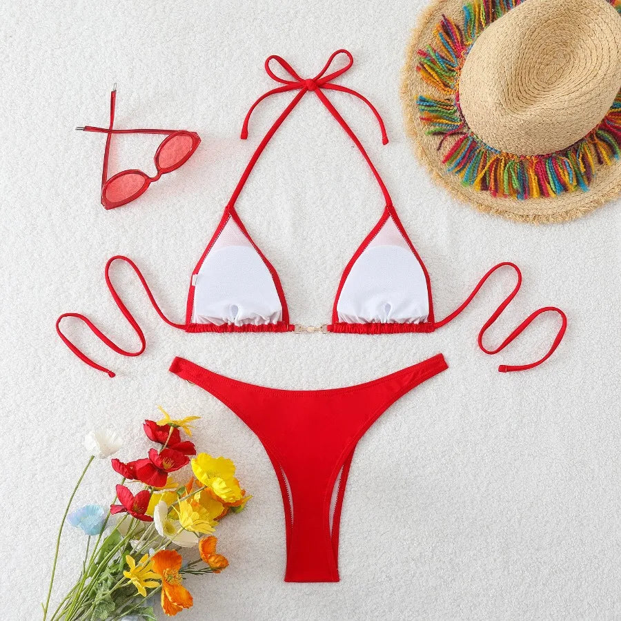 New Two-Piece Bikini Set Sexy Triangle Tie-Up Swimsuit Beach Vacation Swimwear Summer Trendy Top Bottom Beachwear Resort Outfit