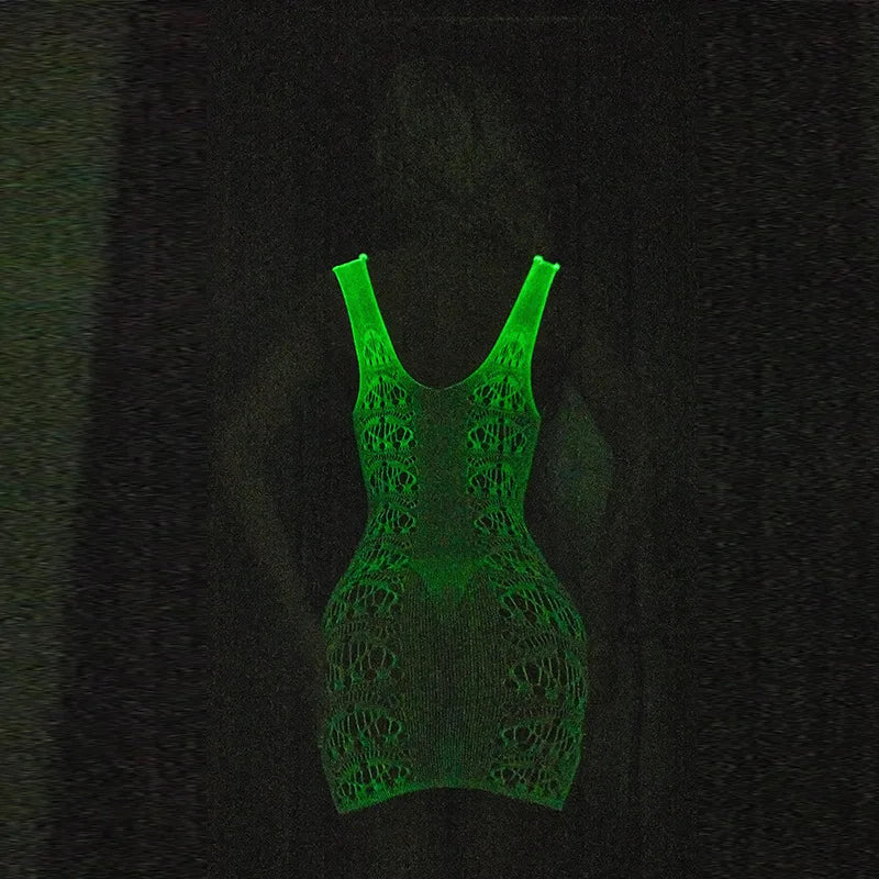 Erotic Miniskirt Tight Bodysuit Costumes Sexy Mesh Babydoll Dress Luminous Crotchless Bodystocking For Transparent Lingerie Set
