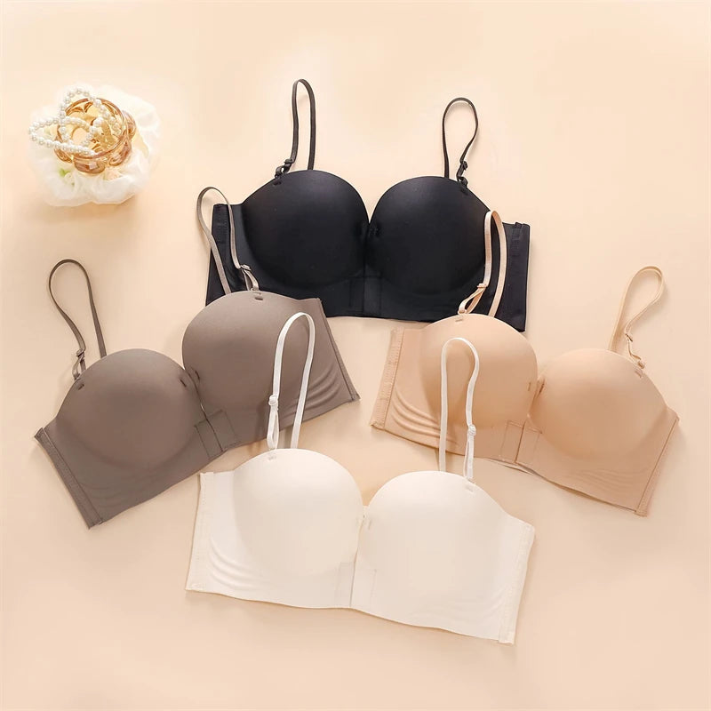 Women's Push-up Strapless Bras Front Buckle Brassiere Sexy Girls Small Chest Underwear Breathable Gathered Bralette Lingerie