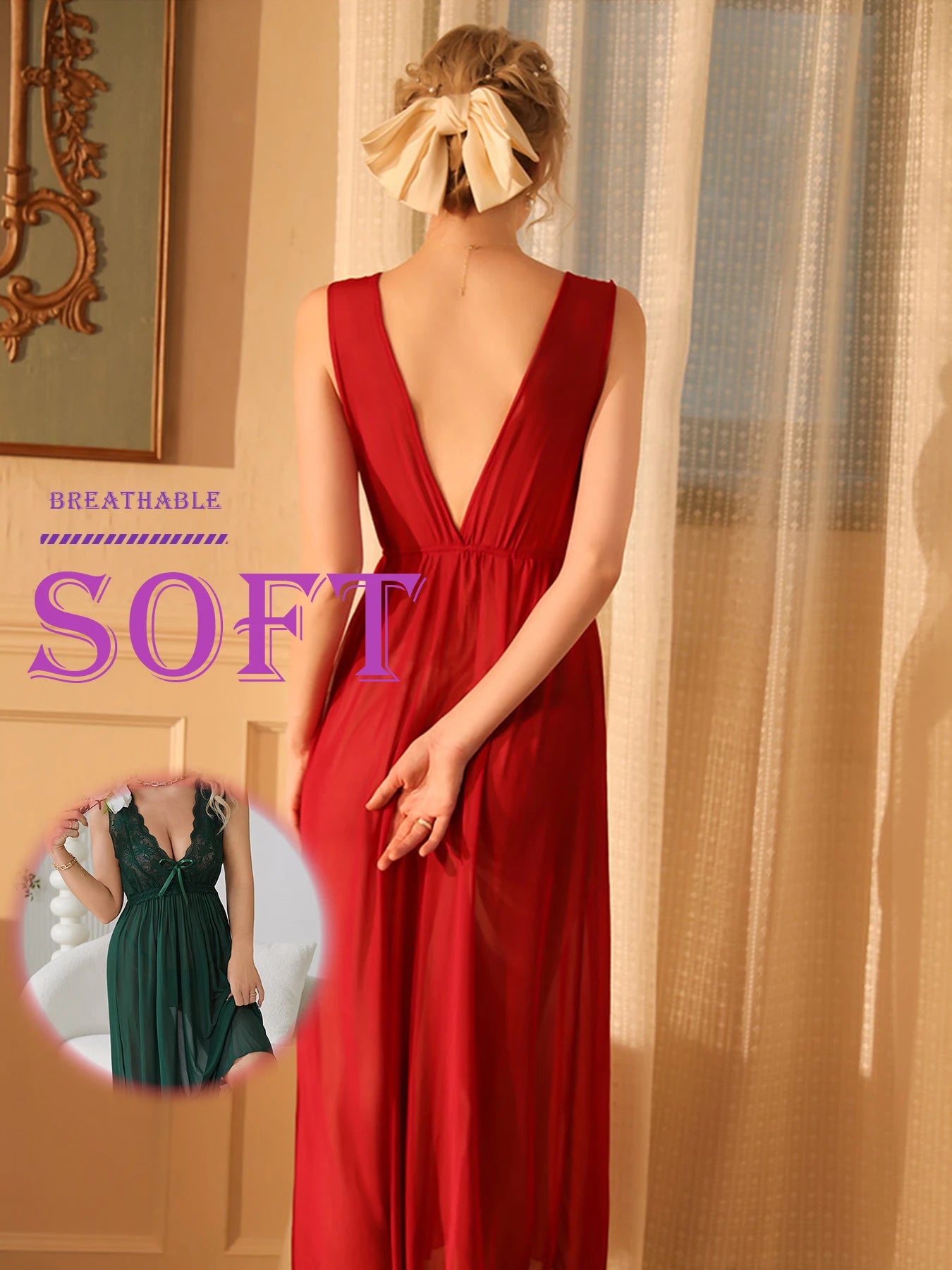 Sexy Women Lingerie Dress Set Lace Splicing Mesh Long Deep V Backless Nightgown Set Homewear All Season