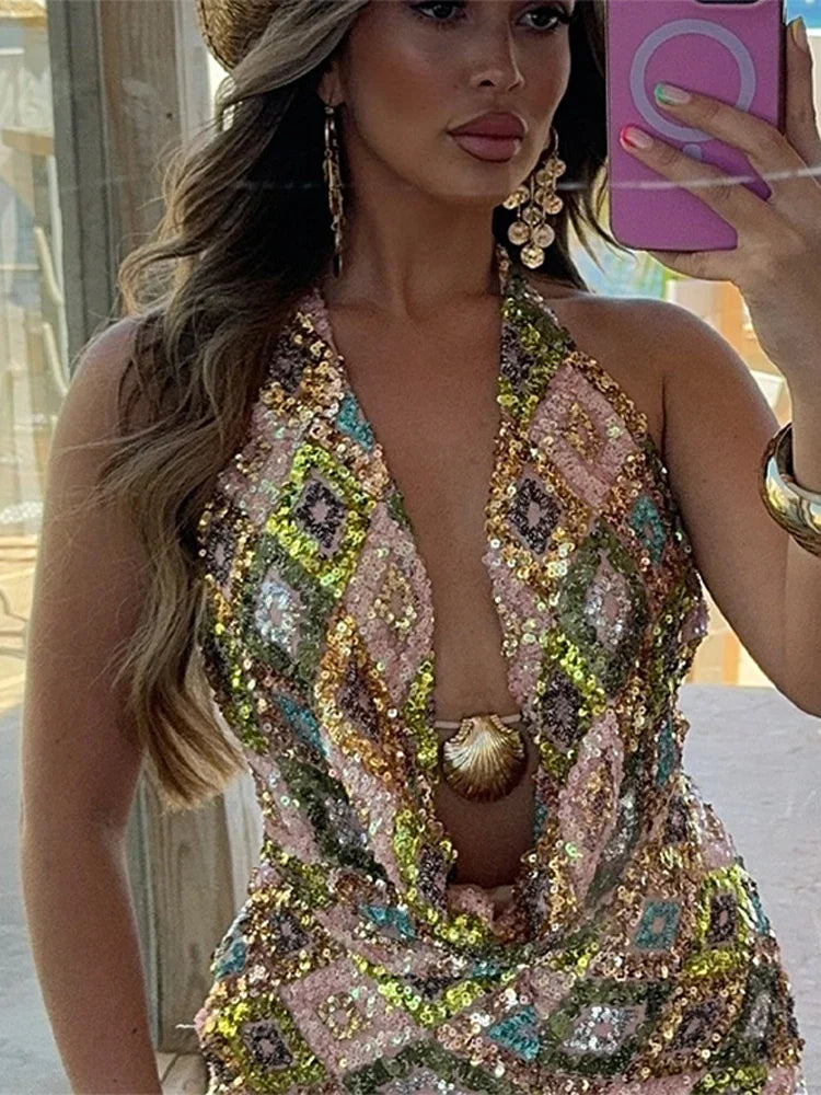 Sexy Sequin Halter Vest Shorts Women 2 Piece Sets Women Sleeveless Backless Vest Hip Package Short Pant 2026 Summer Lady Set ﻿