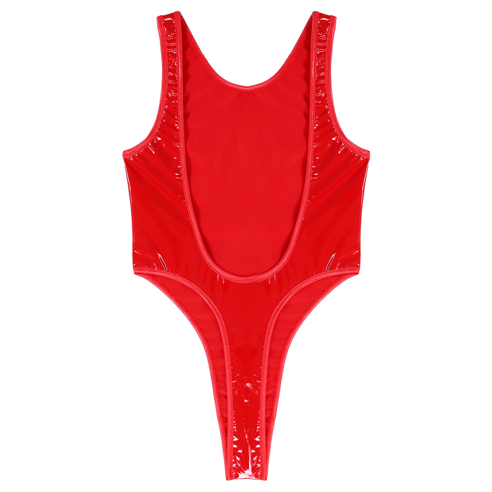 Womens Lingerie Crotchless Bodysuit Swimsuit U Neck Wet Look Patent Leather Clubwear High Cut Backless Catsuit Pole Dance Outfit