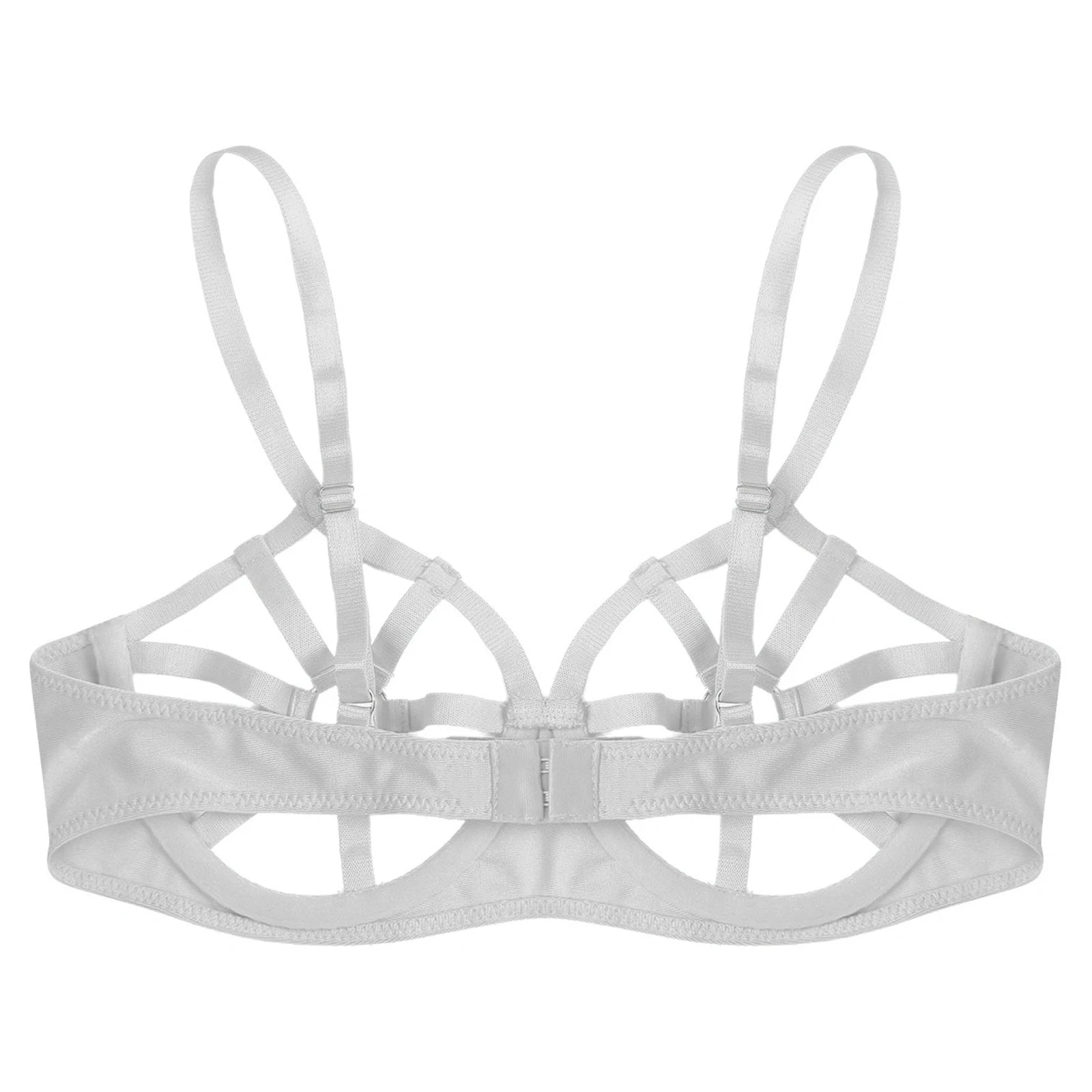 Womens Sexy Lingerie See Through Underwired Bra Balconette Adjustable Straps Shiny Rhinestones O-ring Cutout Cup Push Up Bra Top