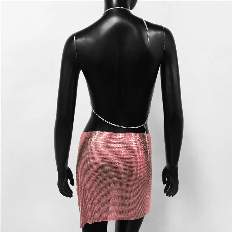 Sexy Metal Sequins 2 Piece Set Women Sleeveless Deep V Neck Backless Halter Tank Tops Split Mini Skirts Beach Party Outfits