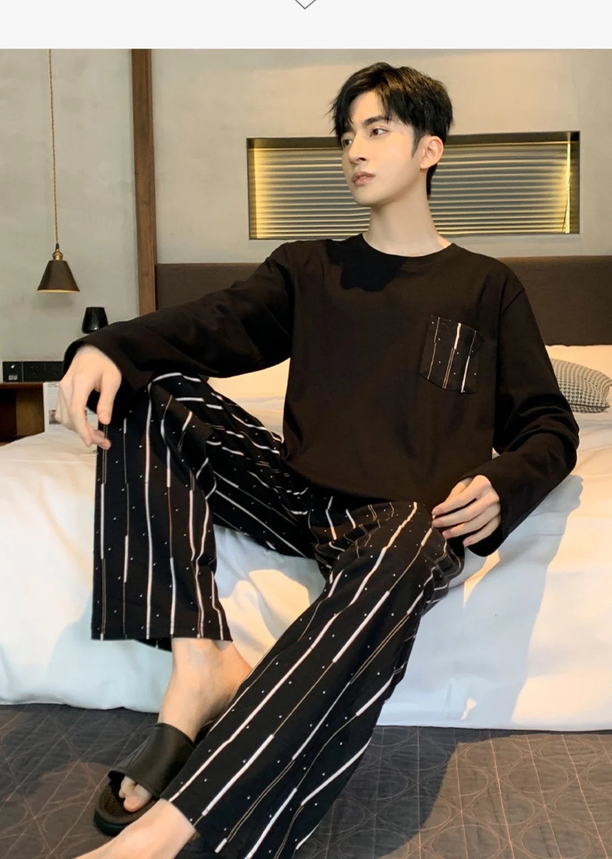Men‘s Pajama Set Long Sleeve Black Striped Fall and Winter Youth Student Nightwear Loungewear Two Piece Set Sleepwear Homewear