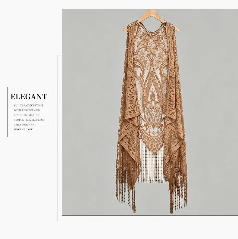 Women New Swimsuit Cover Up Bead binding Light weight shawl Beach sarong Floral Lace Kimono Bikini Swim Sunshade Dress Travel