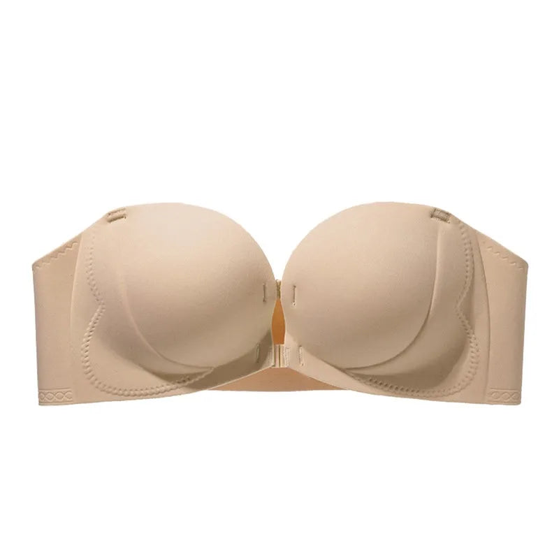Strapless Bra  Sexy Front Fastening Non-Slip Invisible Backless Push-Up Bra Padded Add 2 Cups Lift Bralette for Wedding Party