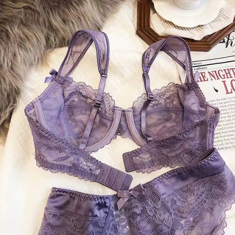 Sexy Ultra-thin Lace Bras Women's Push Up Bra Hollow Out Transparent Gathered Underwear French Elegant Ladies Bow Underwire
