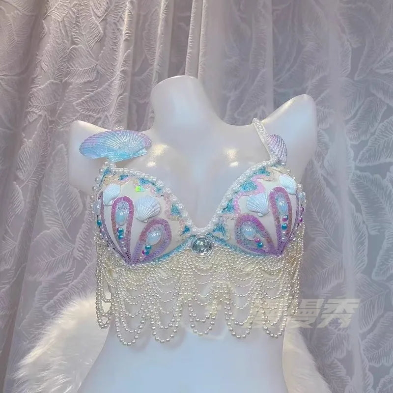 customized sparkling iridescent sequin shell bra pearl chain tassel pool party bra beach vacation pearl jacket belly dance bras