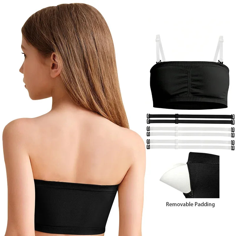 Girls Ballet Seamless Bra Gymnastics Sports  Wireless Elastic Bras 2 Pairs of Adjustable Replace Clear Straps Chest Padding