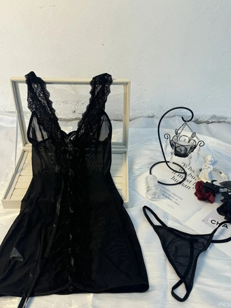 MIRABELLE Backless Sheer Lace Babydoll Dress Sexy Cutout Tie Détails See through Lingerie Transparent Nightwear Erotic Lace up D